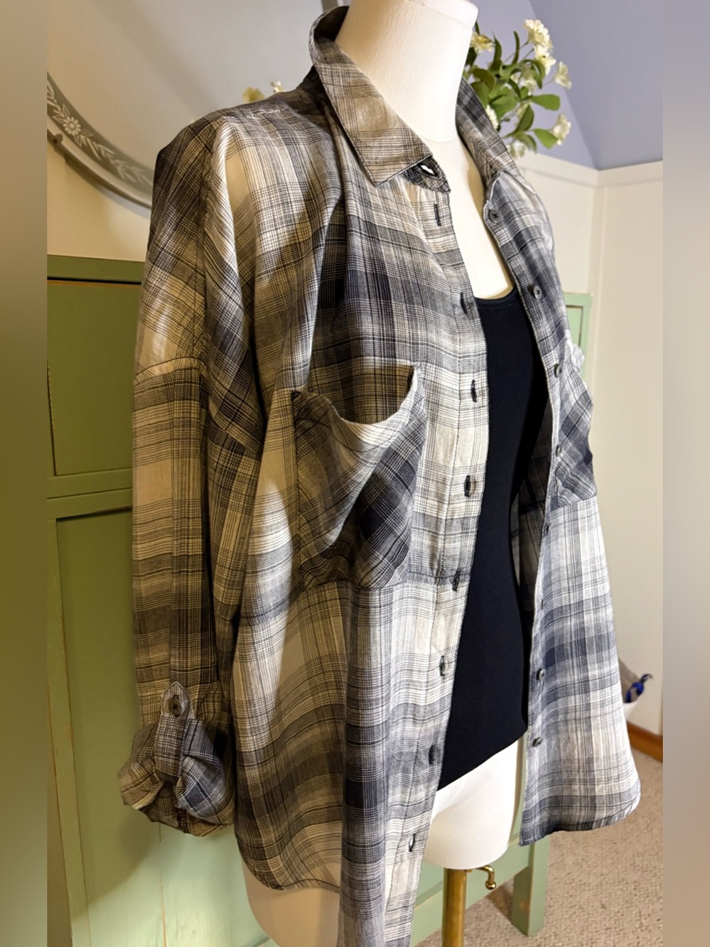 Free People Open Back Split Black & Cream Plaid OS-Relaxed Fit Button-Down Shirt